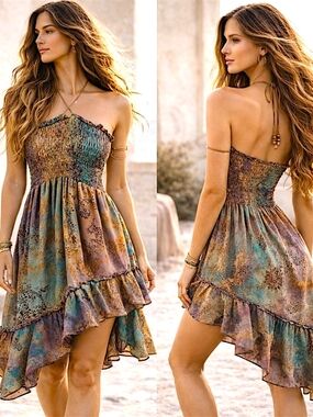 Santiki M Boho Halter Mini Dress Smocked Tie Dye Asymmetrical Ruffle Festival